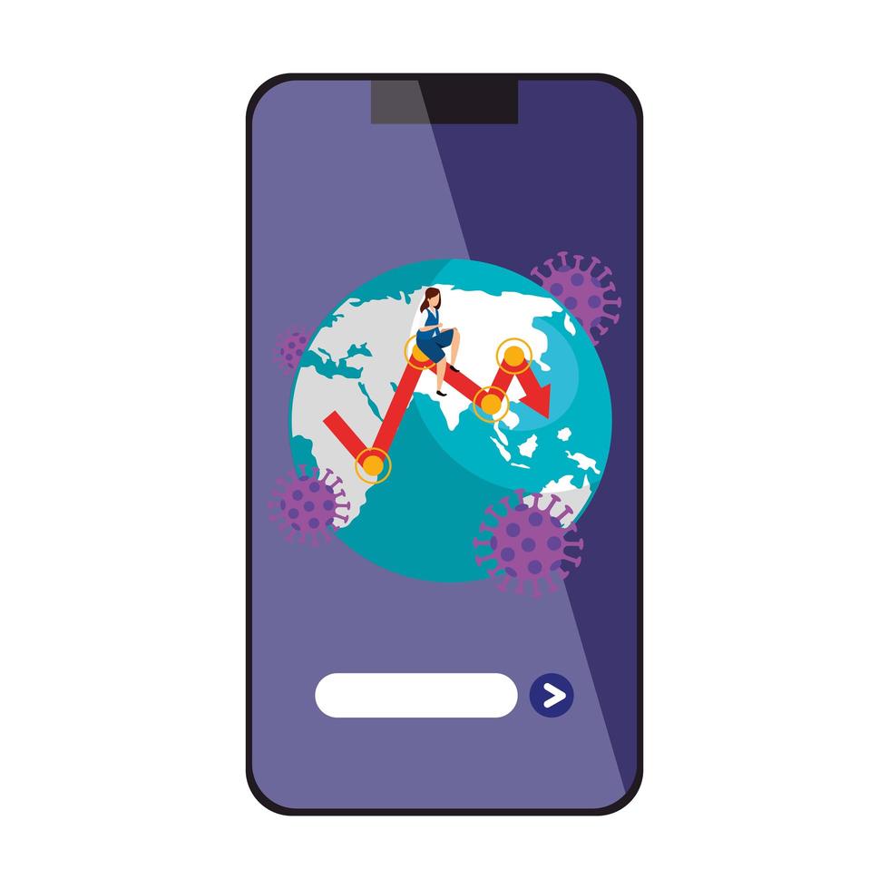 Planète terre de covid19 sur smartphone avec flèche statistiques vecteur