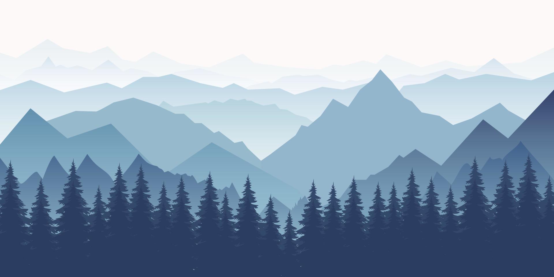 paysage de montagne horizontal avec des arbres. vue panoramique sur les crêtes et la forêt dans le brouillard, illustration vectorielle. vecteur