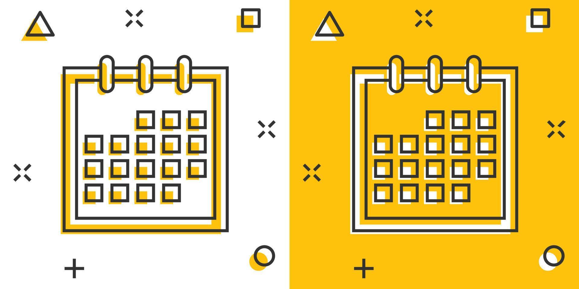 icône de l'agenda du calendrier dans le style comique. pictogramme d'illustration de dessin animé de vecteur de planificateur. effet d'éclaboussure du concept d'entreprise de calendrier.