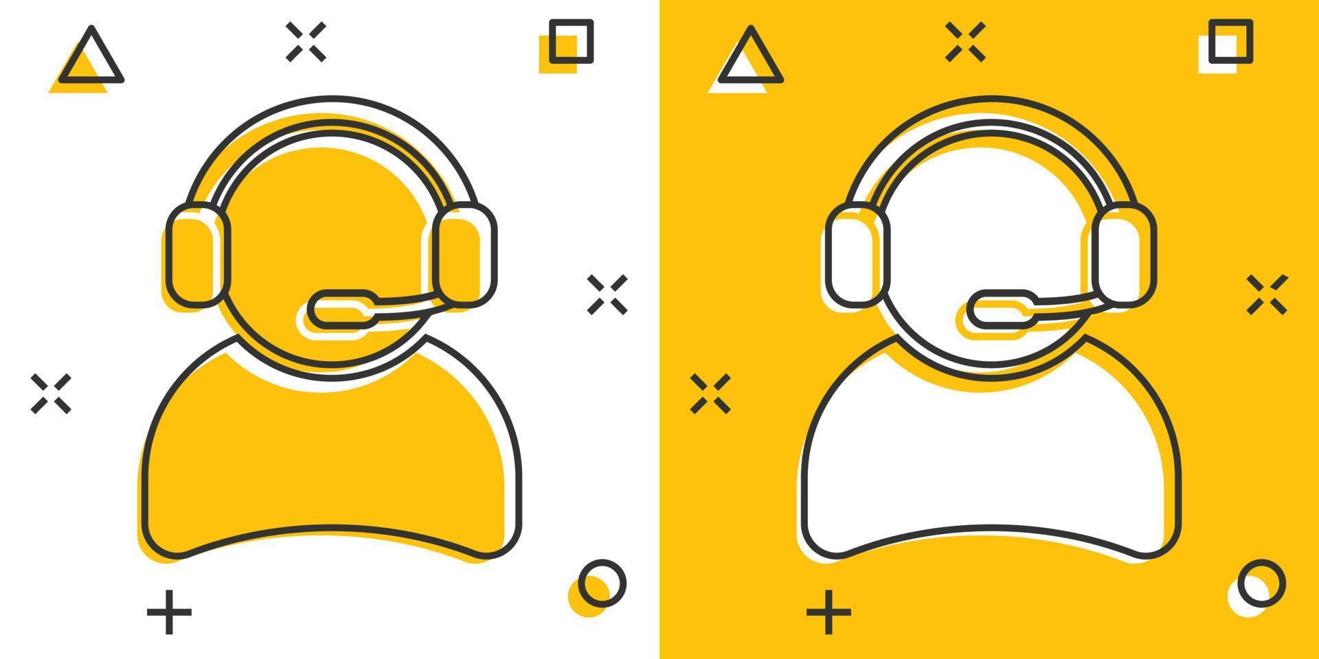 opérateur de dessin animé vectoriel avec icône de microphone dans le style comique. opérateur dans le pictogramme d'illustration de signe de centre d'appels. concept d'effet d'éclaboussure d'entreprise de personnes.