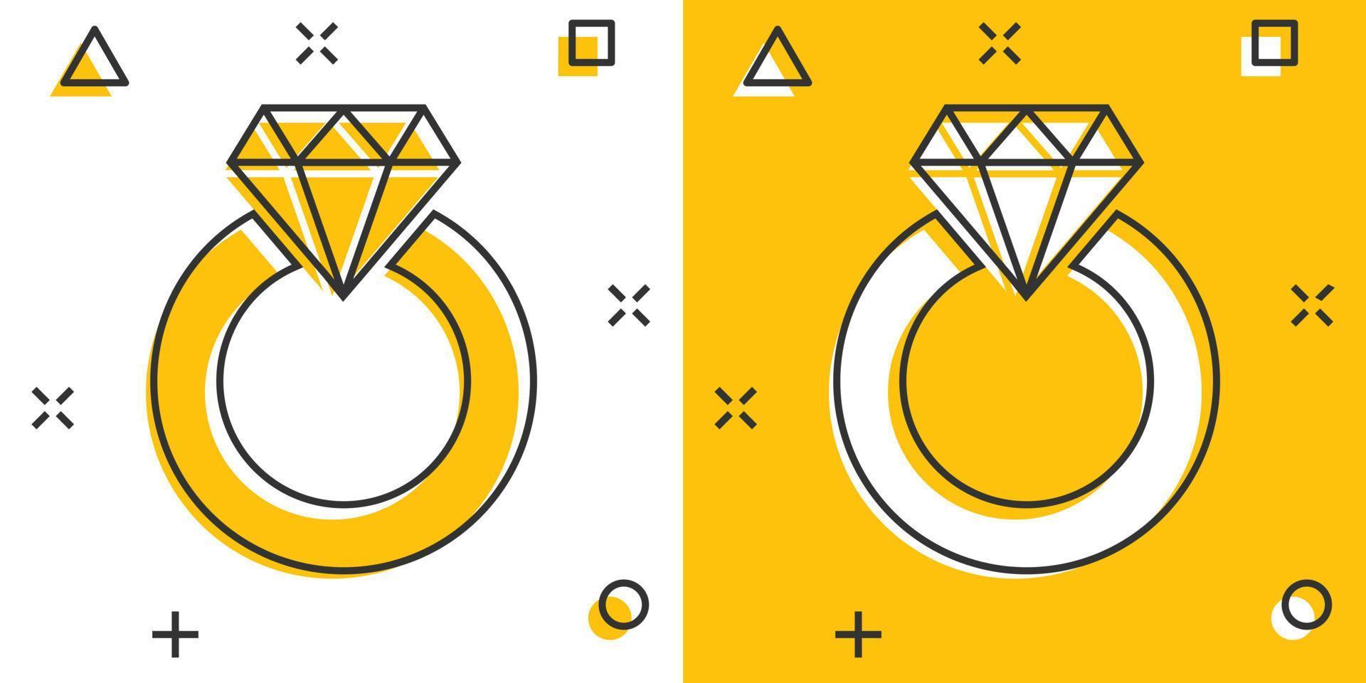 bague de fiançailles de dessin animé de vecteur avec l'icône de diamant dans le style comique. pictogramme d'illustration de bague de bijoux de mariage. concept d'effet d'éclaboussure d'affaires de relation romantique.