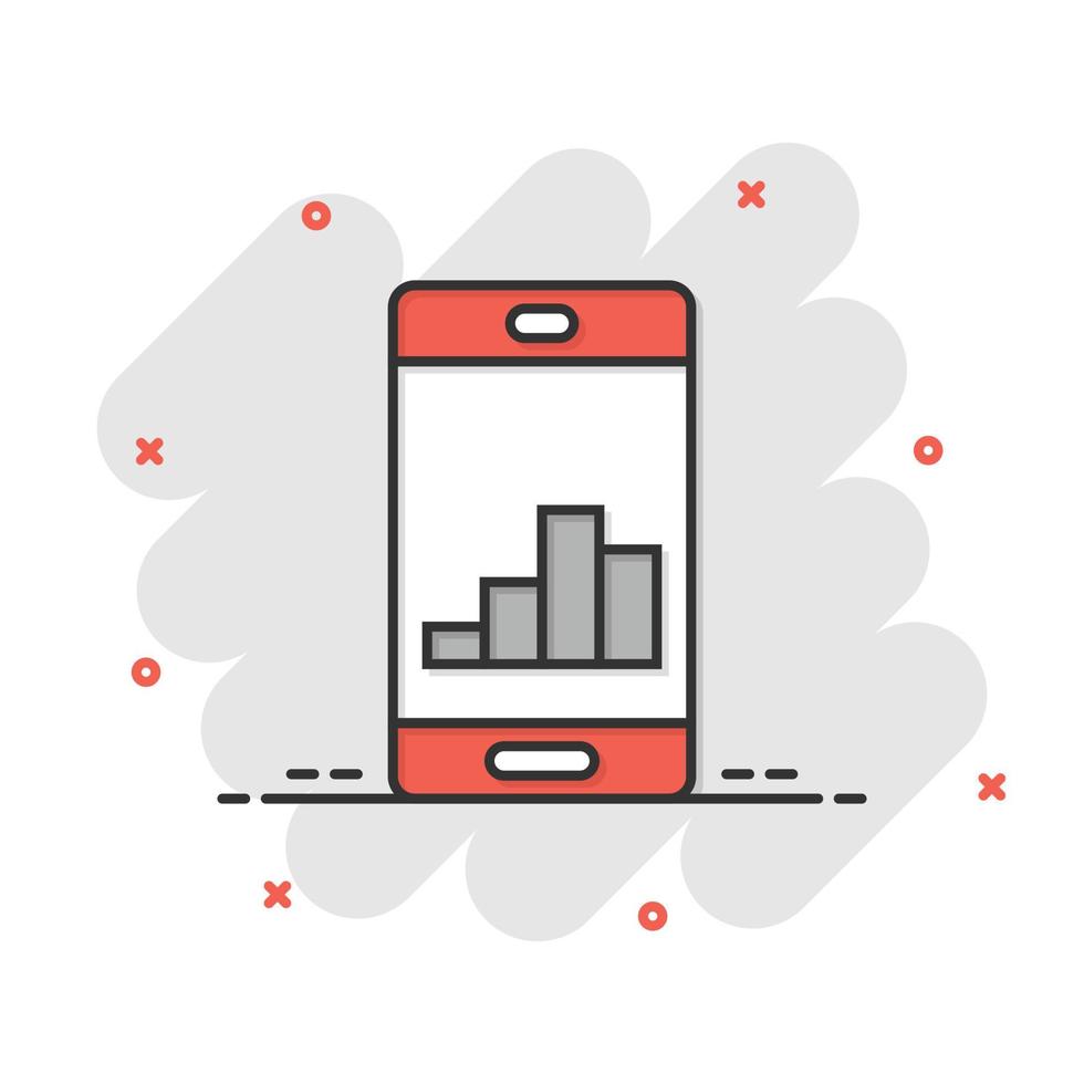 icône de diagramme de téléphone dans le style comique. illustration de vecteur de dessin animé statistique de croissance smartphone sur fond blanc isolé. concept d'entreprise d'effet d'éclaboussure d'analyse de gadget.