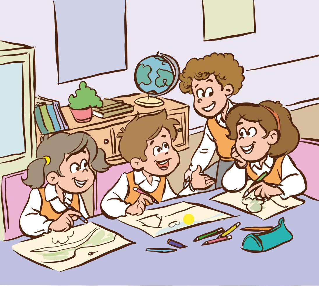 enfants mignons peignant ensemble vecteur de dessin animé