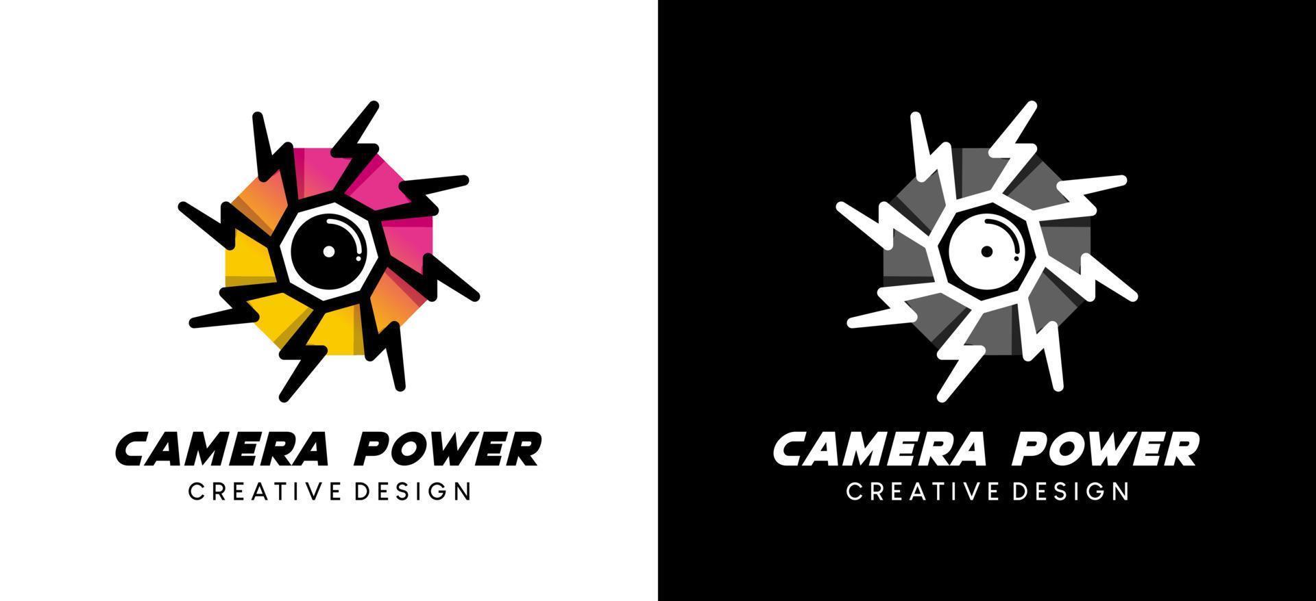 conception du logo de l'appareil photo, illustration du logo de l'objectif de l'appareil photo avec icône d'alimentation électrique vecteur