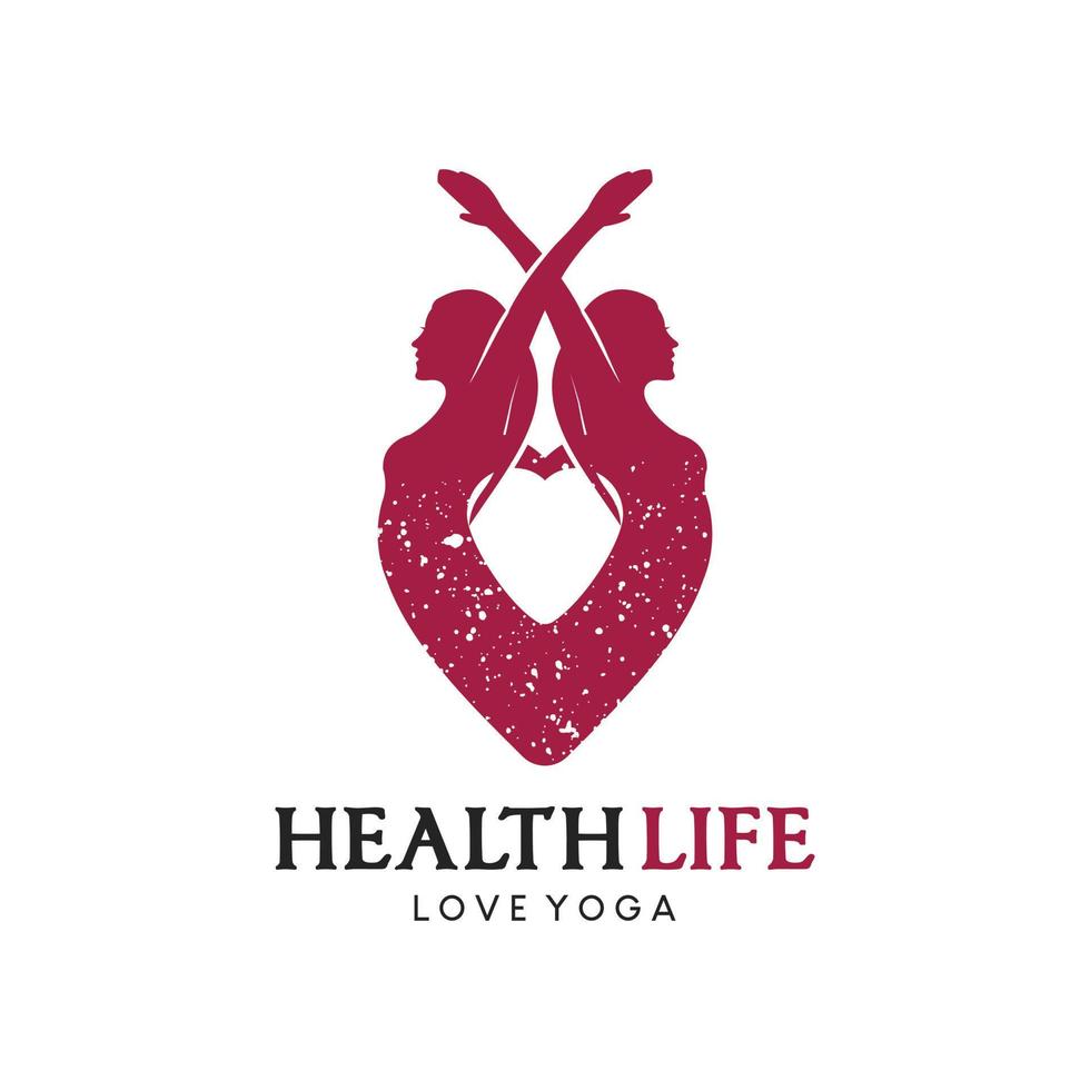 création de logo d'amour humain, illustration vectorielle de mode de vie sain avec silhouette de geste de femme de yoga dans le coeur vecteur