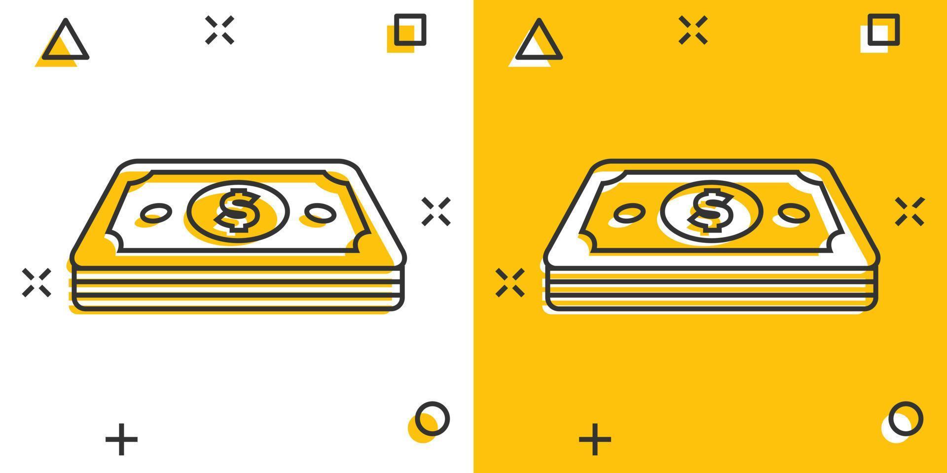 icône de billet de monnaie dollar dans le style comique. pictogramme d'illustration de dessin animé de vecteur de trésorerie dollar. effet d'éclaboussure du concept d'entreprise de billet de banque.