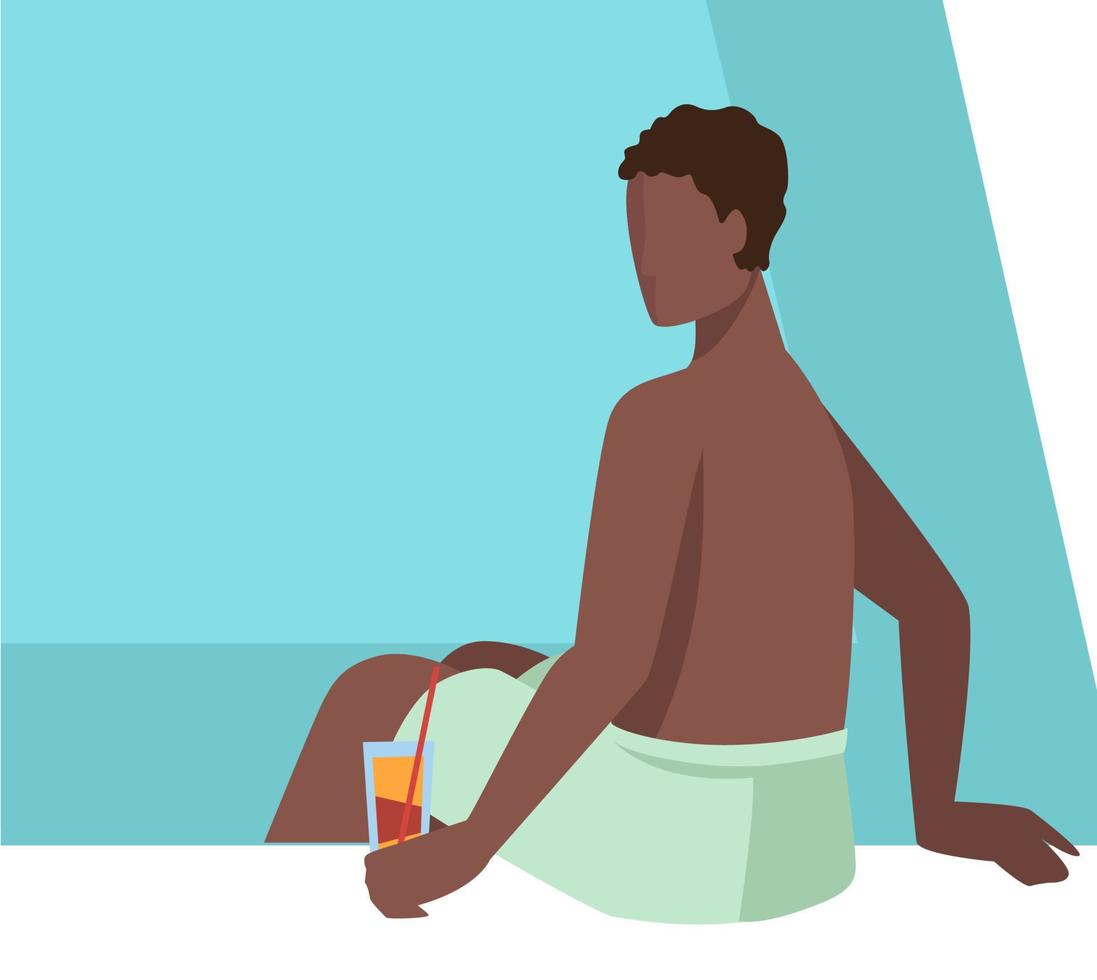 homme assis au bord de la piscine, buvant un cocktail, personnage masculin en vacances vecteur