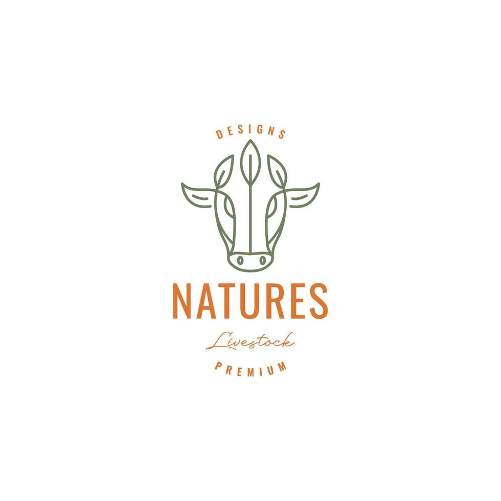 tête vaches bétail bétail feuilles nourriture bonne viande lignes art style hipster vintage minimal logo design vecteur icône illustration modèle