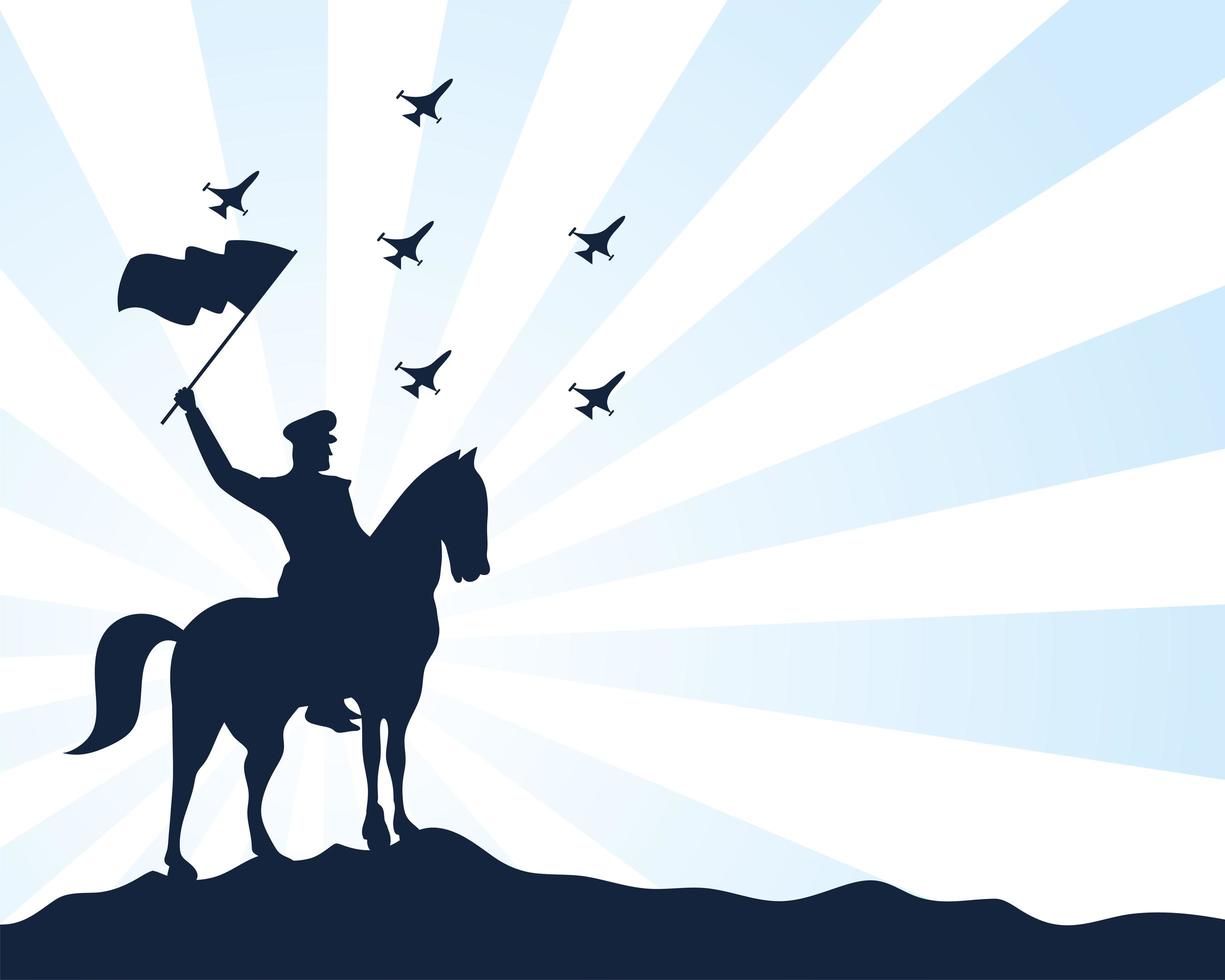 Silhouette de soldat militaire agitant le drapeau à cheval vecteur