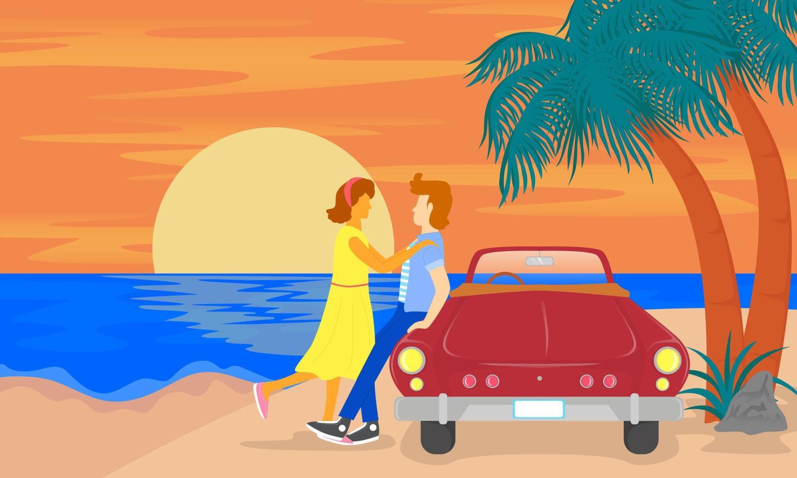 road trip romantique des amoureux, thème années 80, fond d'écran, site internet, affiche, impression, application mobile vecteur