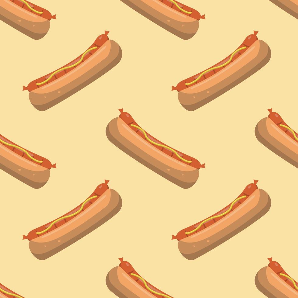 hot-dogs avec motif harmonieux de sauce à la saucisse et à la moutarde sur fond coloré. illustration plate de vecteur. conception pour papier peint, textiles et toile de fond. vecteur