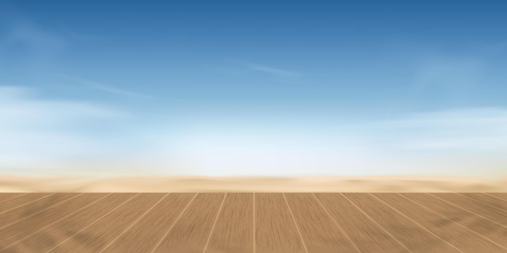 plage d'été avec plancher de bois sur sable, nuages et ciel bleu, vecteur table en bois marron vide pour l'affichage du produit sur la plage de sable, paysage marin naturel avec horizontal flou, bannière paysage d'été au bord de la mer