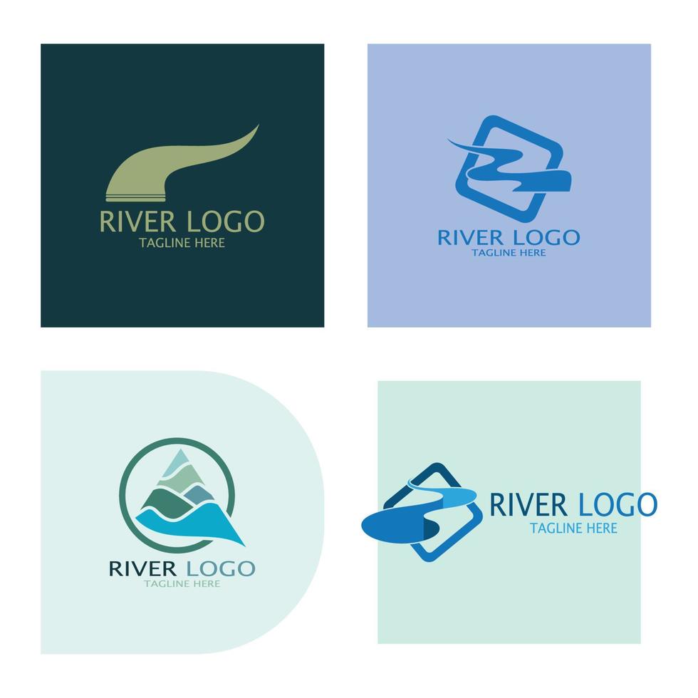 logos de rivières, ruisseaux, berges et ruisseaux, affluents, berges avec une combinaison de montagnes et de terres agricoles avec un concept de design vectoriel minimaliste moderne et simple