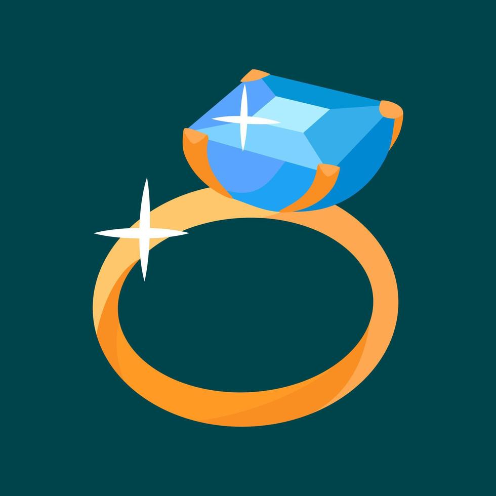 bague de mariage avec grande icône de diamant bleu. bague dorée de dessin animé, élément de conception de mariage. vecteur
