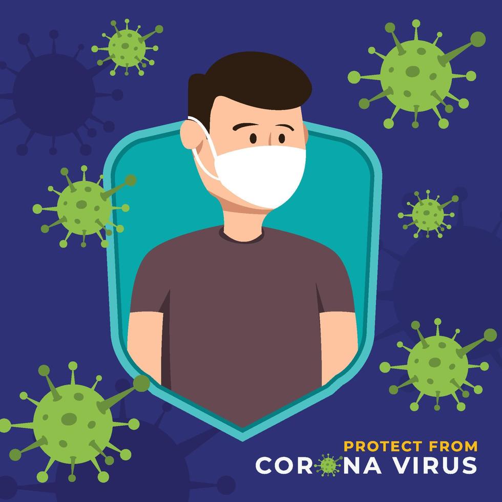 homme dans le bouclier protéger de l'illustration du virus corona covid-2019 vecteur