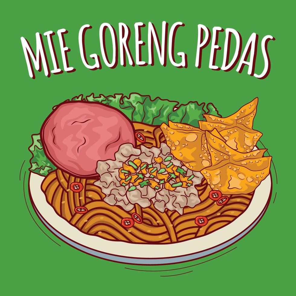 mie goreng pedas illustration cuisine indonésienne avec style cartoon vecteur