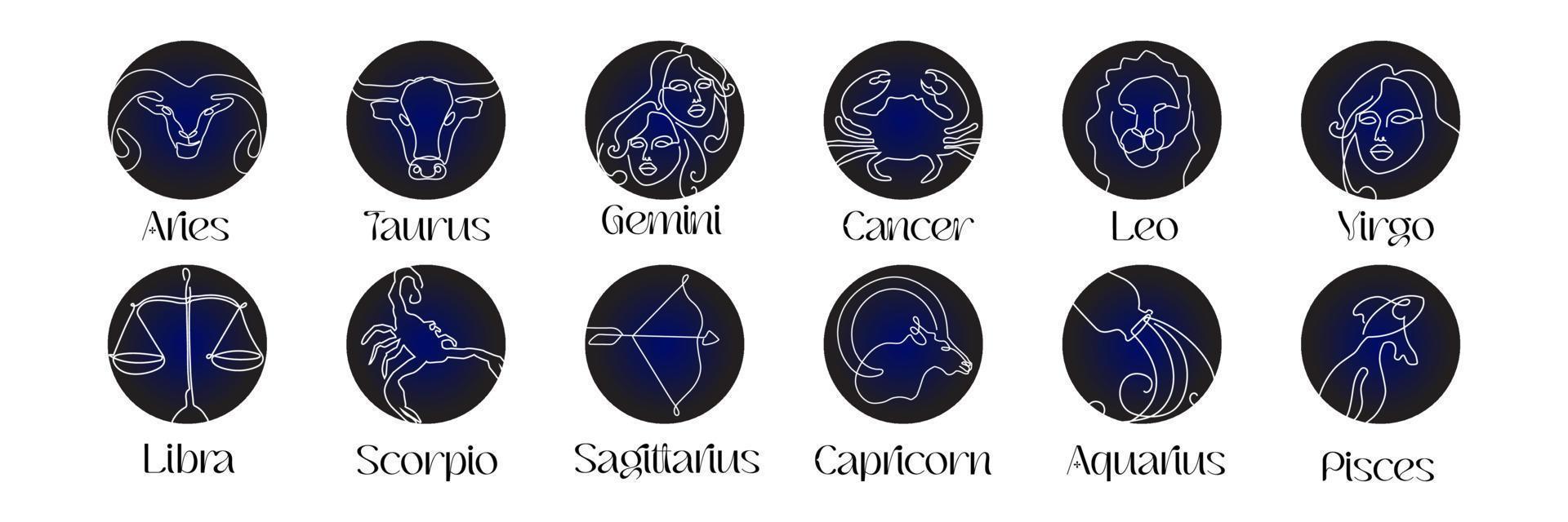 signes astrologiques du zodiaque dans le style d'art en ligne sur le symbole d'astrologie du zodiaque bleu foncé vecteur