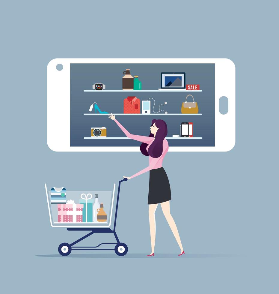 achats en ligne - femme, achats en ligne par smartphone. vecteur