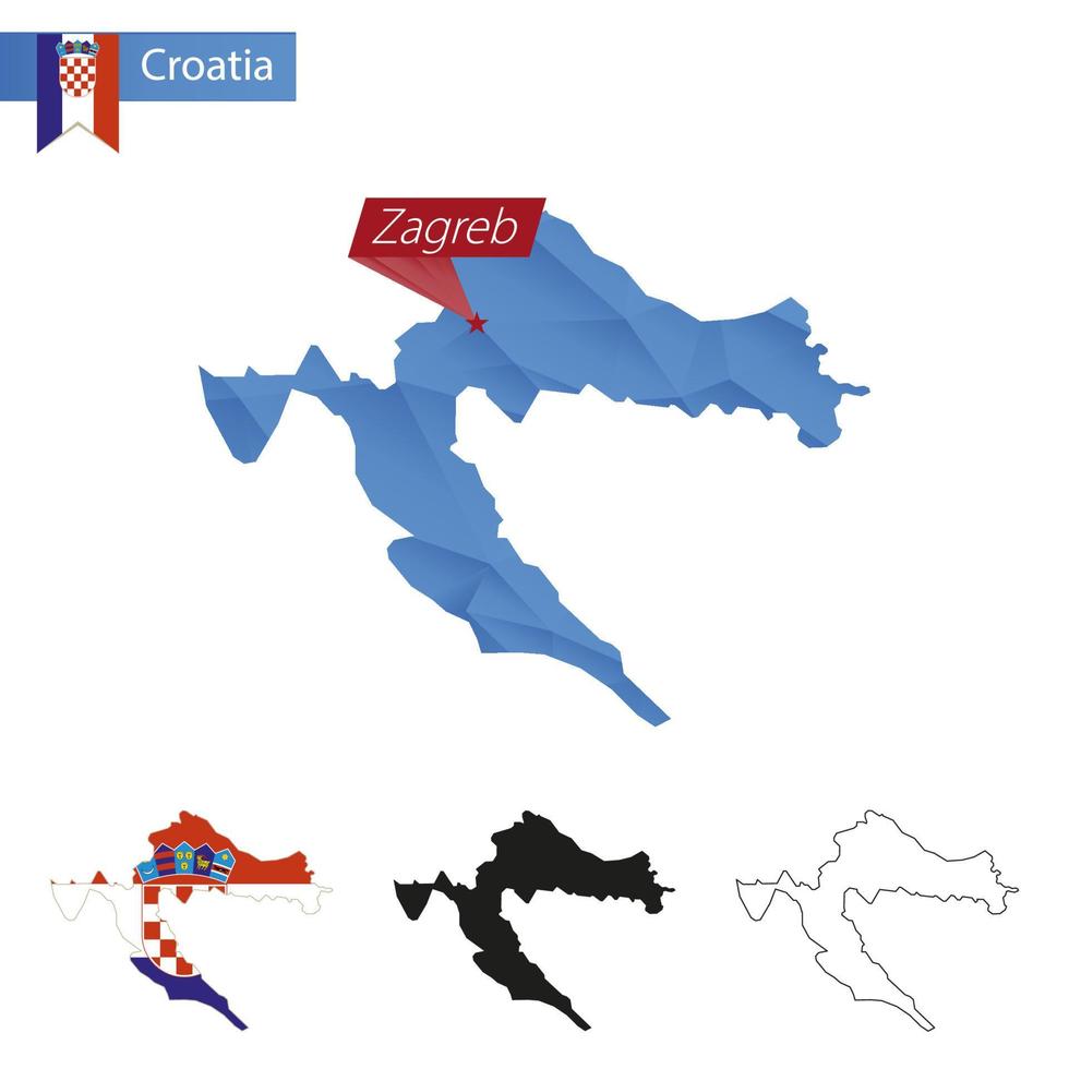 Croatie carte bleu low poly avec la capitale zagreb. vecteur