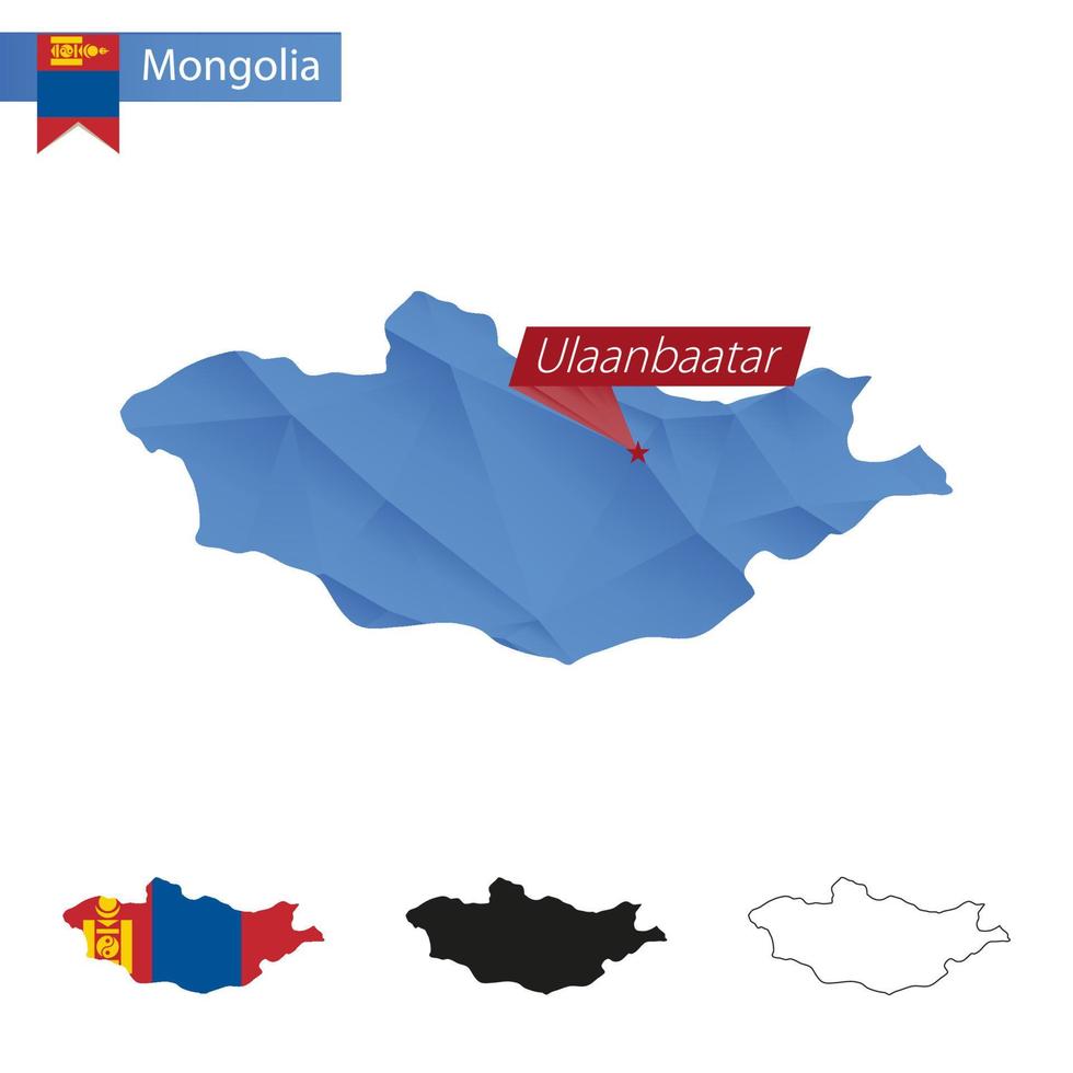 carte bleu low poly de mongolie avec la capitale oulan-bator. vecteur