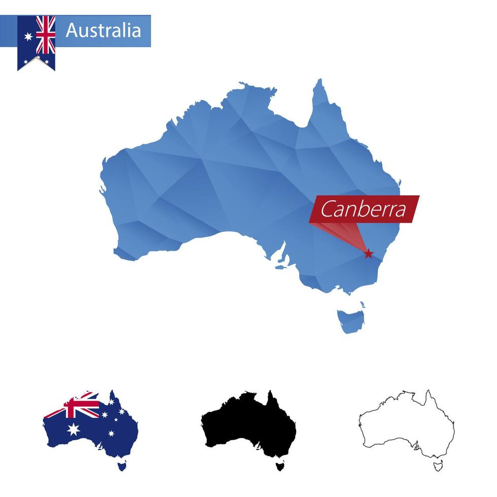 carte bleu low poly de l'australie avec la capitale canberra. vecteur
