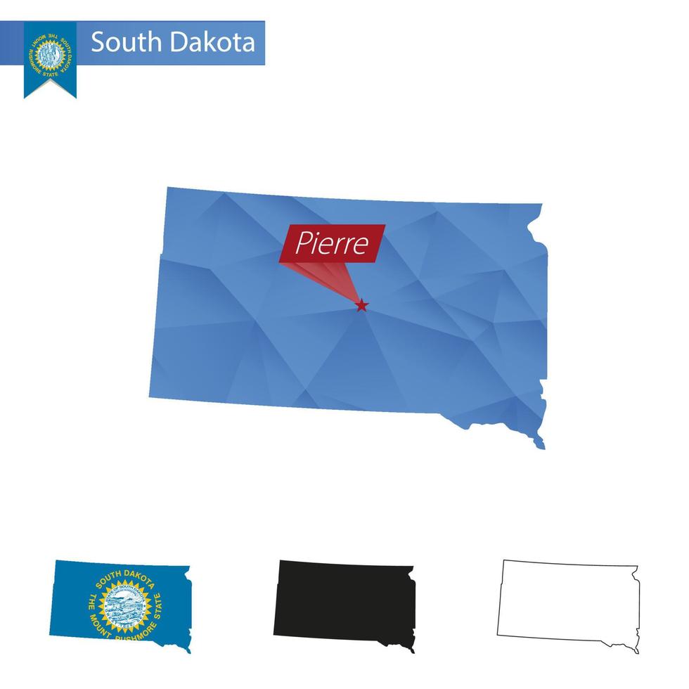 carte bleu low poly de l'état du dakota du sud avec pierre capitale. vecteur