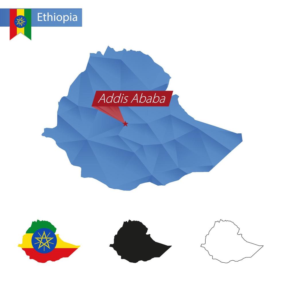 carte bleue low poly de l'éthiopie avec la capitale addis-abeba. vecteur