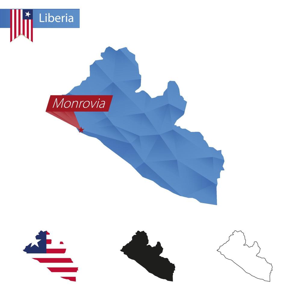 carte bleu low poly du libéria avec la capitale monrovia. vecteur