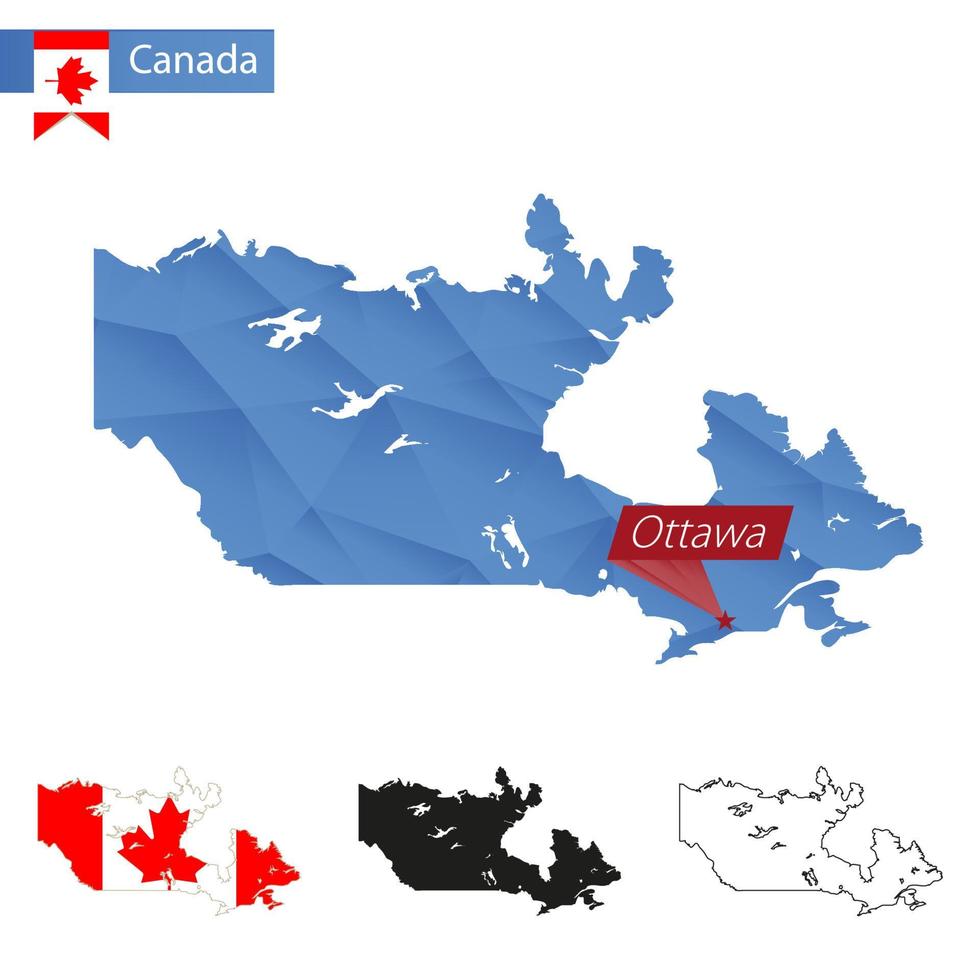 carte bleue basse poly du canada avec la capitale ottawa. vecteur