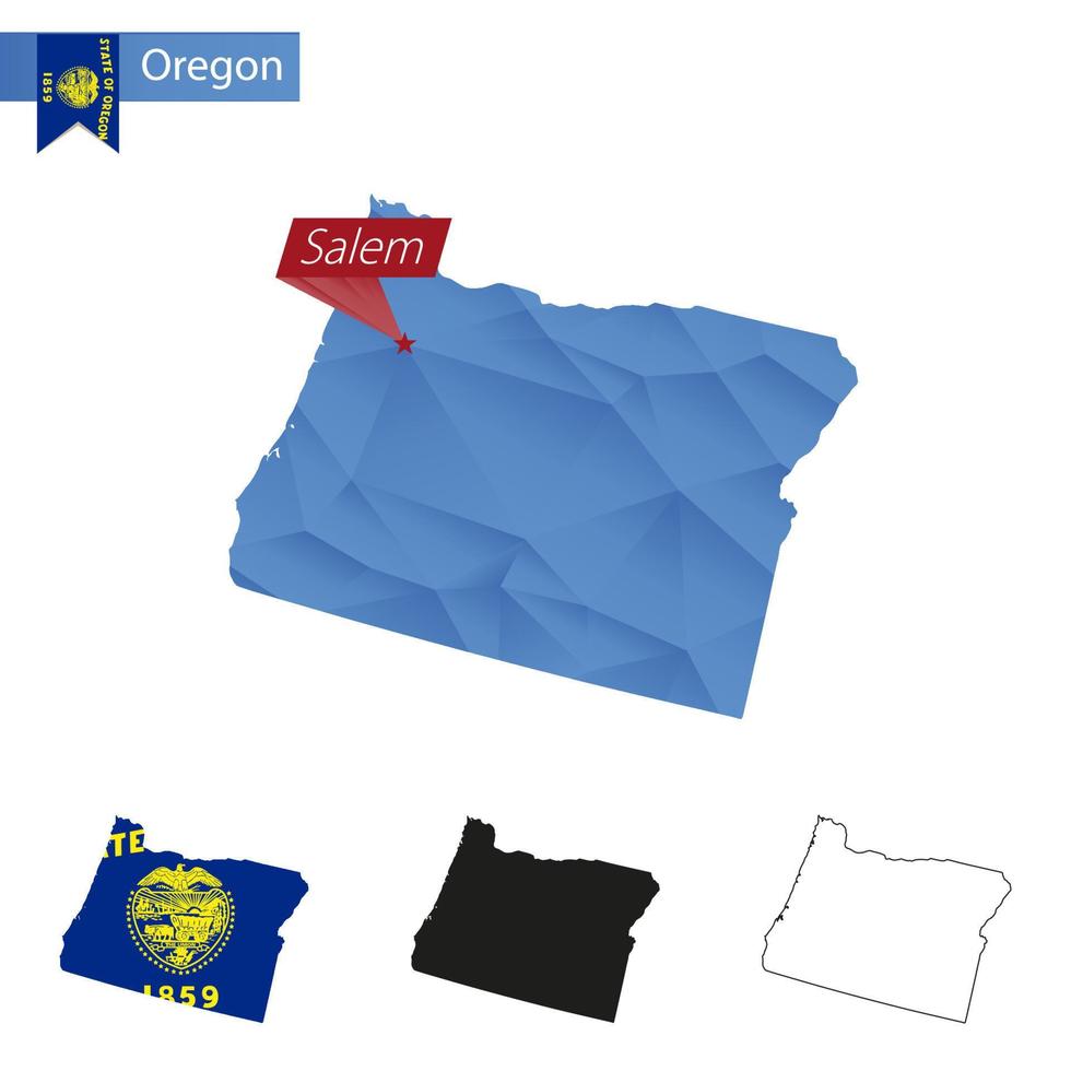 carte bleu low poly de l'état de l'oregon avec la capitale salem. vecteur