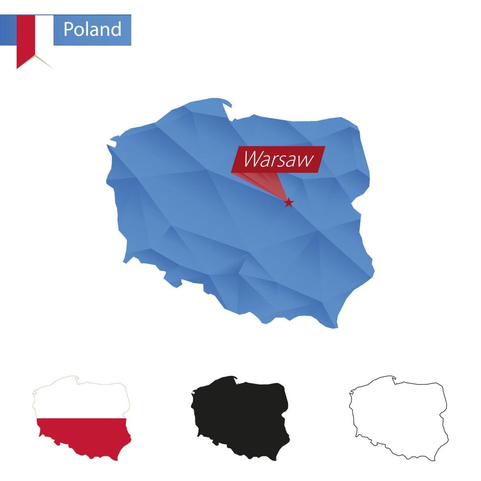 carte bleu low poly pologne avec la capitale varsovie. vecteur