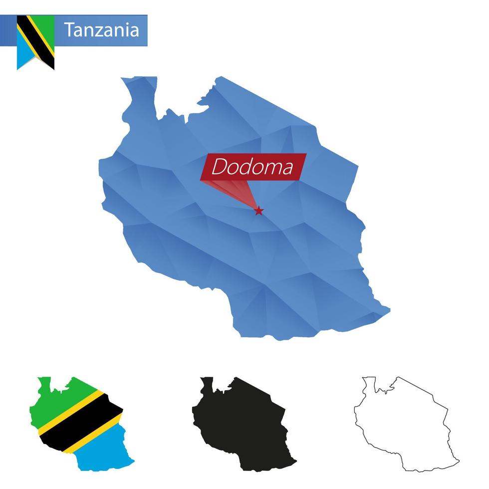 carte bleu low poly de tanzanie avec dodoma capital. vecteur