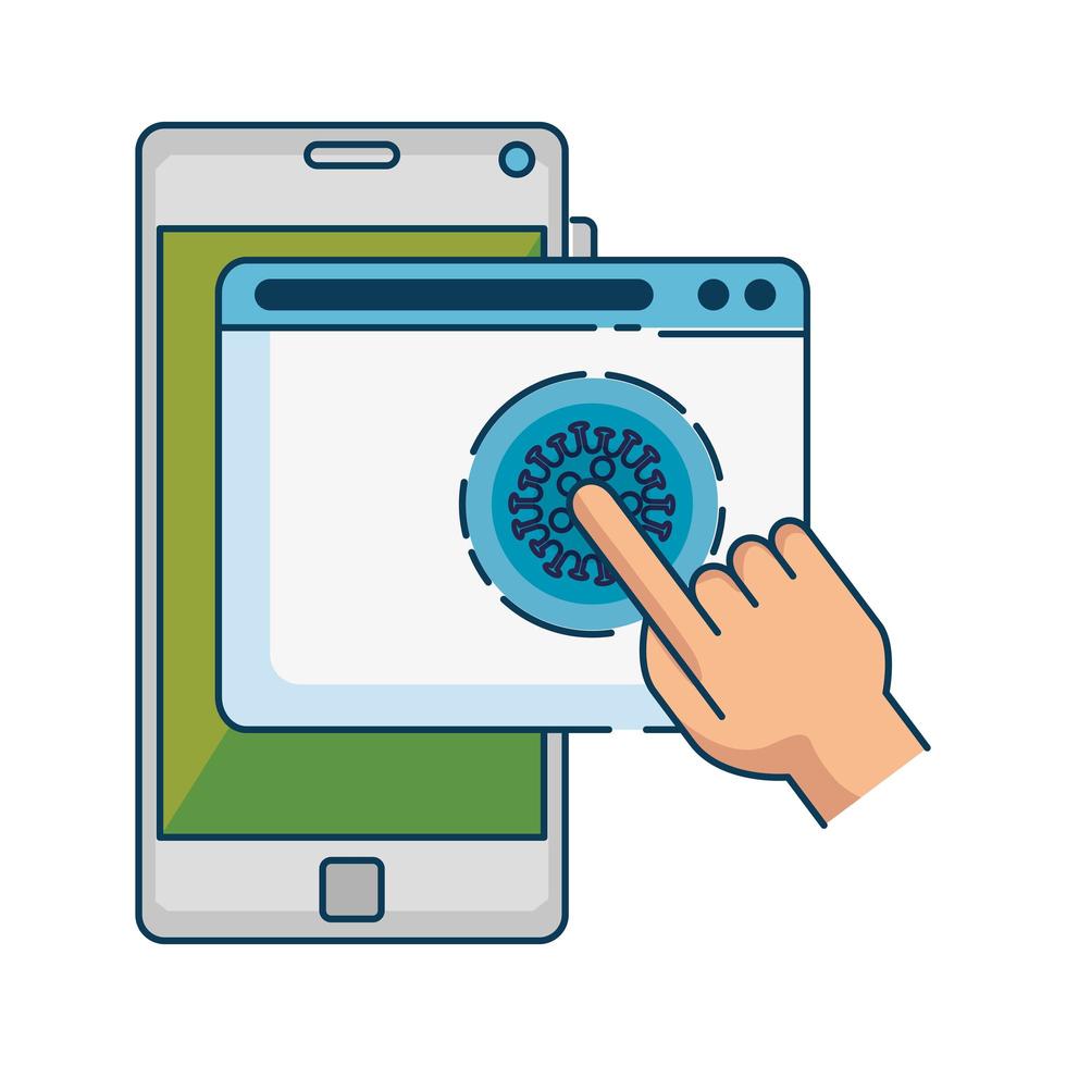 main à l'aide de la recherche en ligne covid 19 sur smartphone vecteur