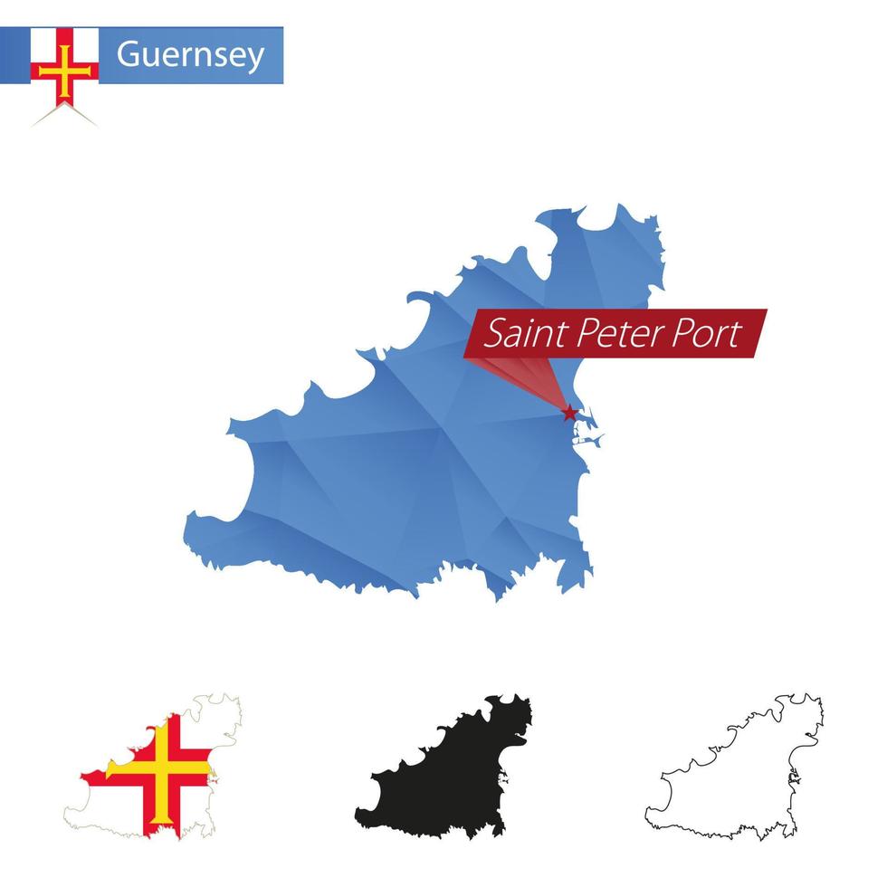 carte bleu low poly de guernesey avec la capitale saint peter port. vecteur