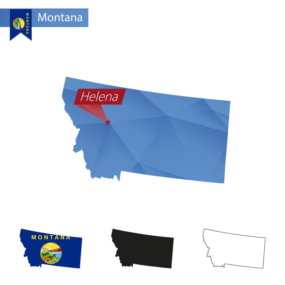 carte bleu low poly de l'état du montana avec la capitale helena. vecteur