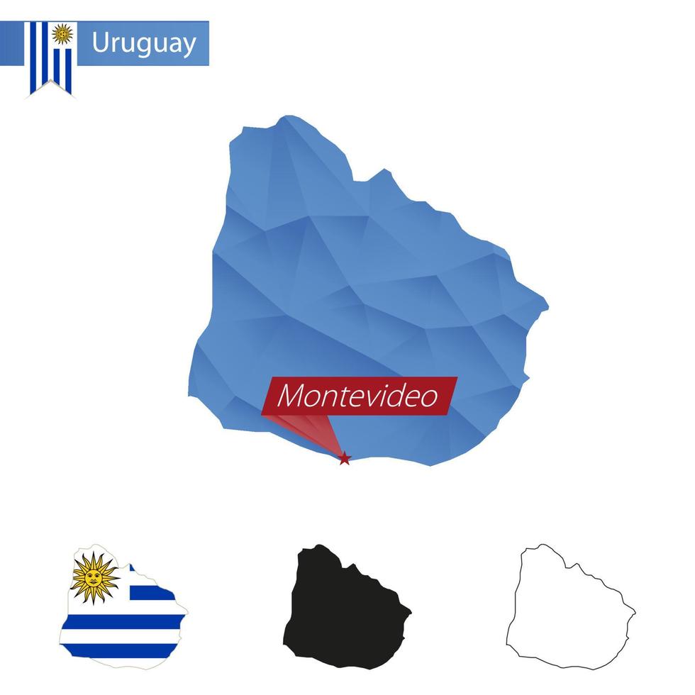 carte bleu low poly de l'uruguay avec la capitale montevideo. vecteur