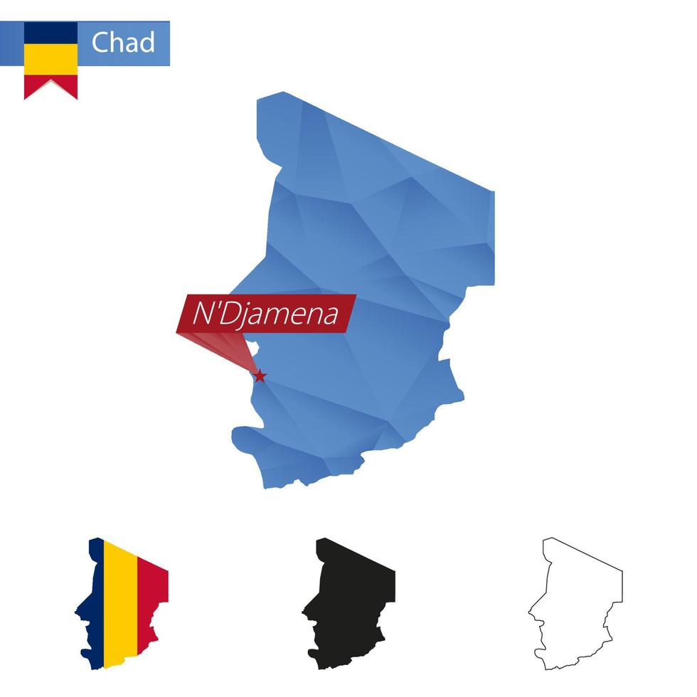 carte bleu tchad low poly avec la capitale n'djamena. vecteur