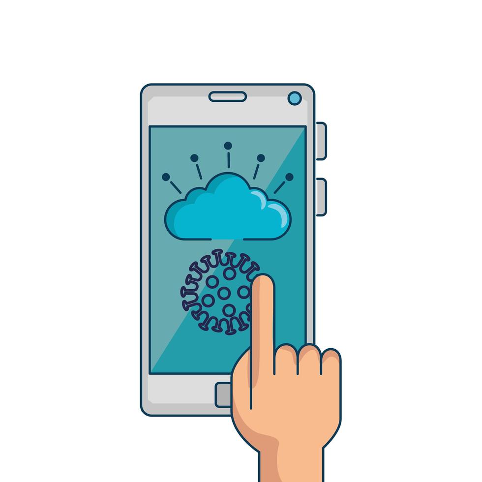 main à l'aide de la recherche en ligne covid 19 sur smartphone vecteur