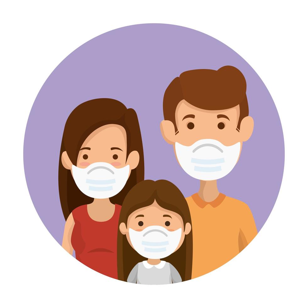 parents avec fille utilisant un masque facial dans un cadre circulaire vecteur