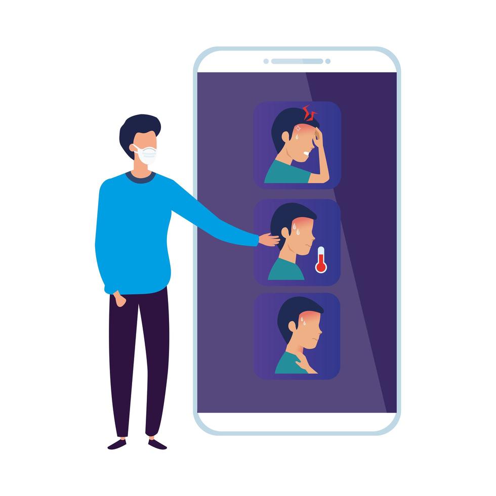 Homme recherchant des informations covid 19 dans le smartphone vecteur