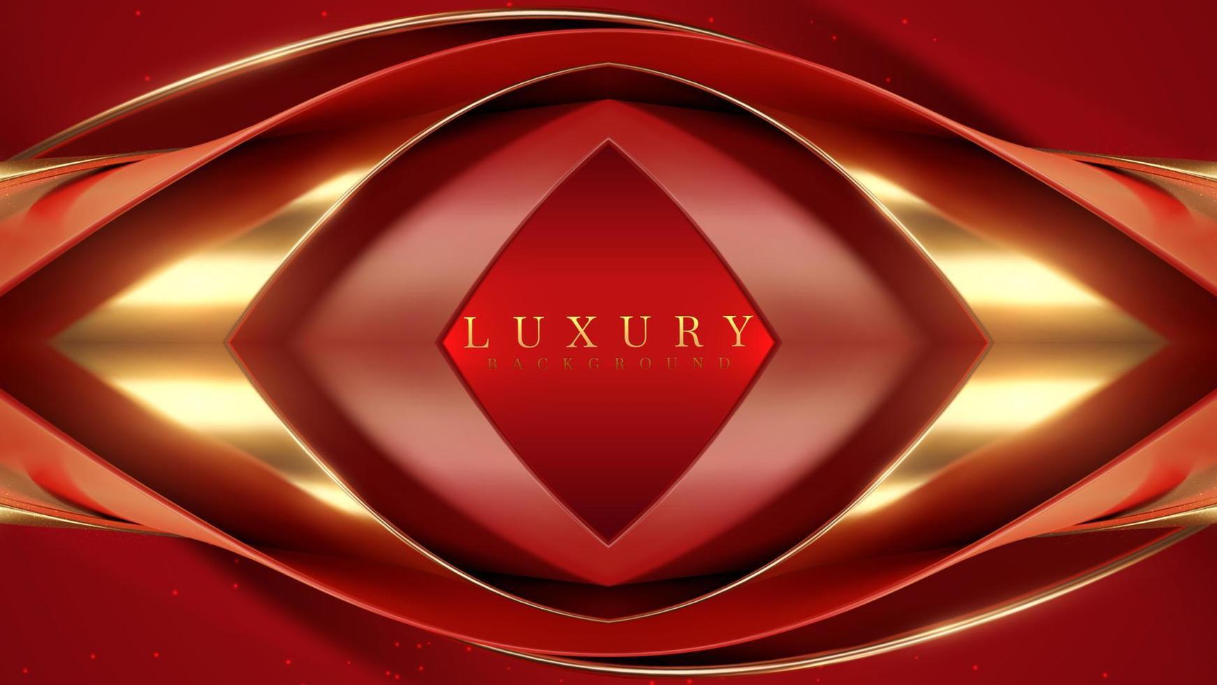fond de luxe rouge avec des éléments de courbe dorée 3d réalistes et une décoration à effet de lumière scintillante. vecteur