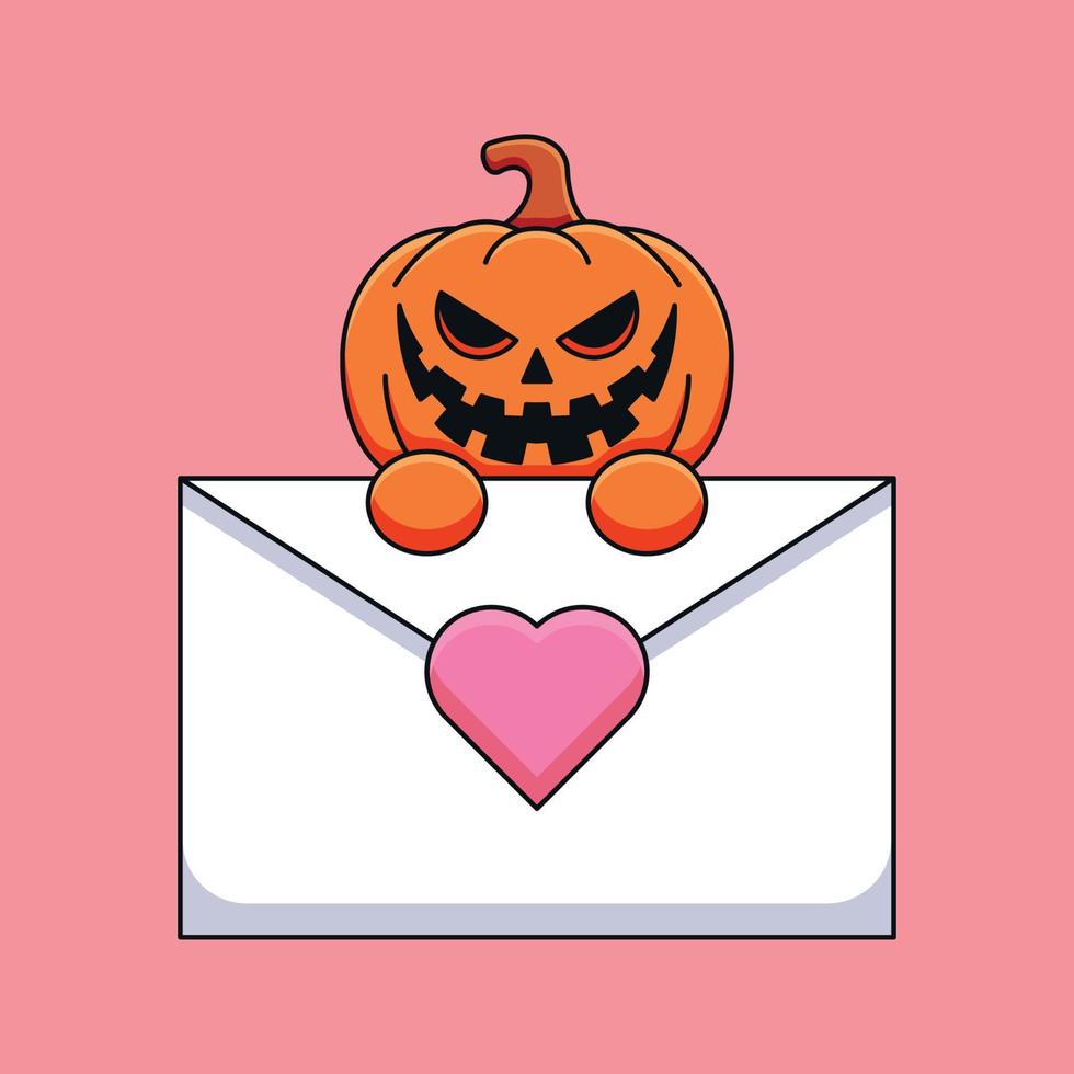 mignon citrouille halloween tenant une lettre d'amour dessin animé mascotte doodle art dessiné à la main contour concept vecteur kawaii icône illustration