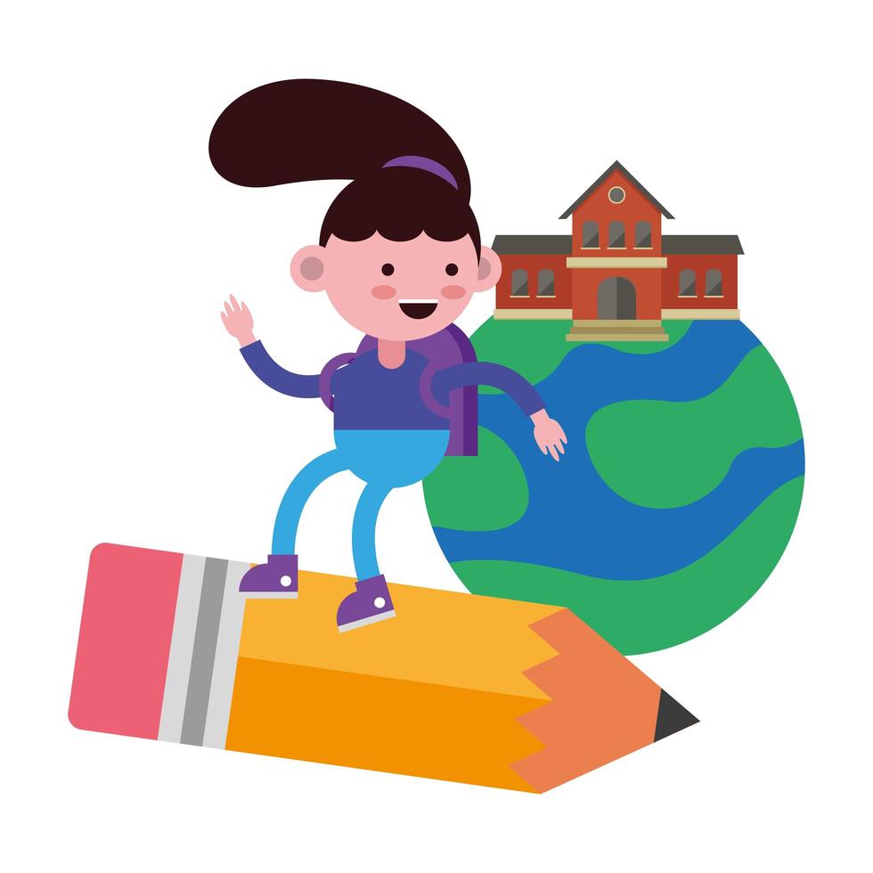 petite fille étudiante volant au crayon à l'école sur la planète vecteur