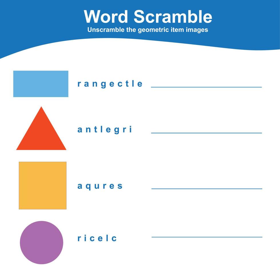 feuille de calcul des formes géométriques pour les enfants. feuille de calcul de brouillage de mots. cartes de jeu imprimables éducatives. formes géométriques. fichier vectoriel. vecteur