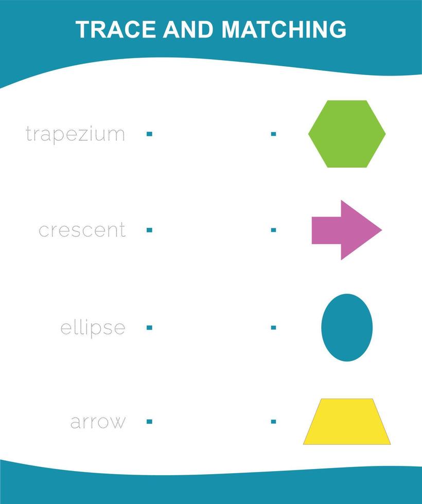 tracer et associer des mots à des images. feuille de travail imprimable éducative sur les formes. formes mignonnes éducation préscolaire. illustration vectorielle. vecteur