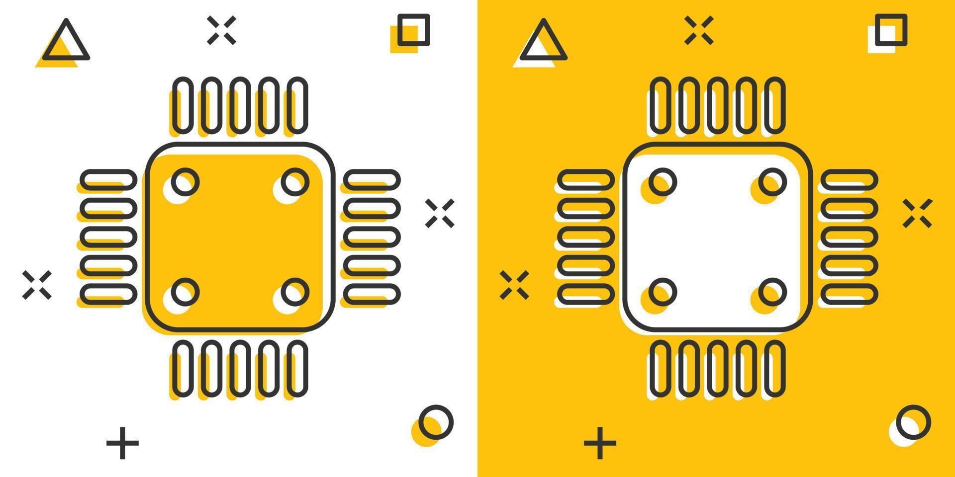 icône du processeur de l'ordinateur dans le style comique. illustration de vecteur de dessin animé de carte de circuit imprimé sur fond blanc isolé. concept d'entreprise d'effet d'éclaboussure de puce de carte mère.