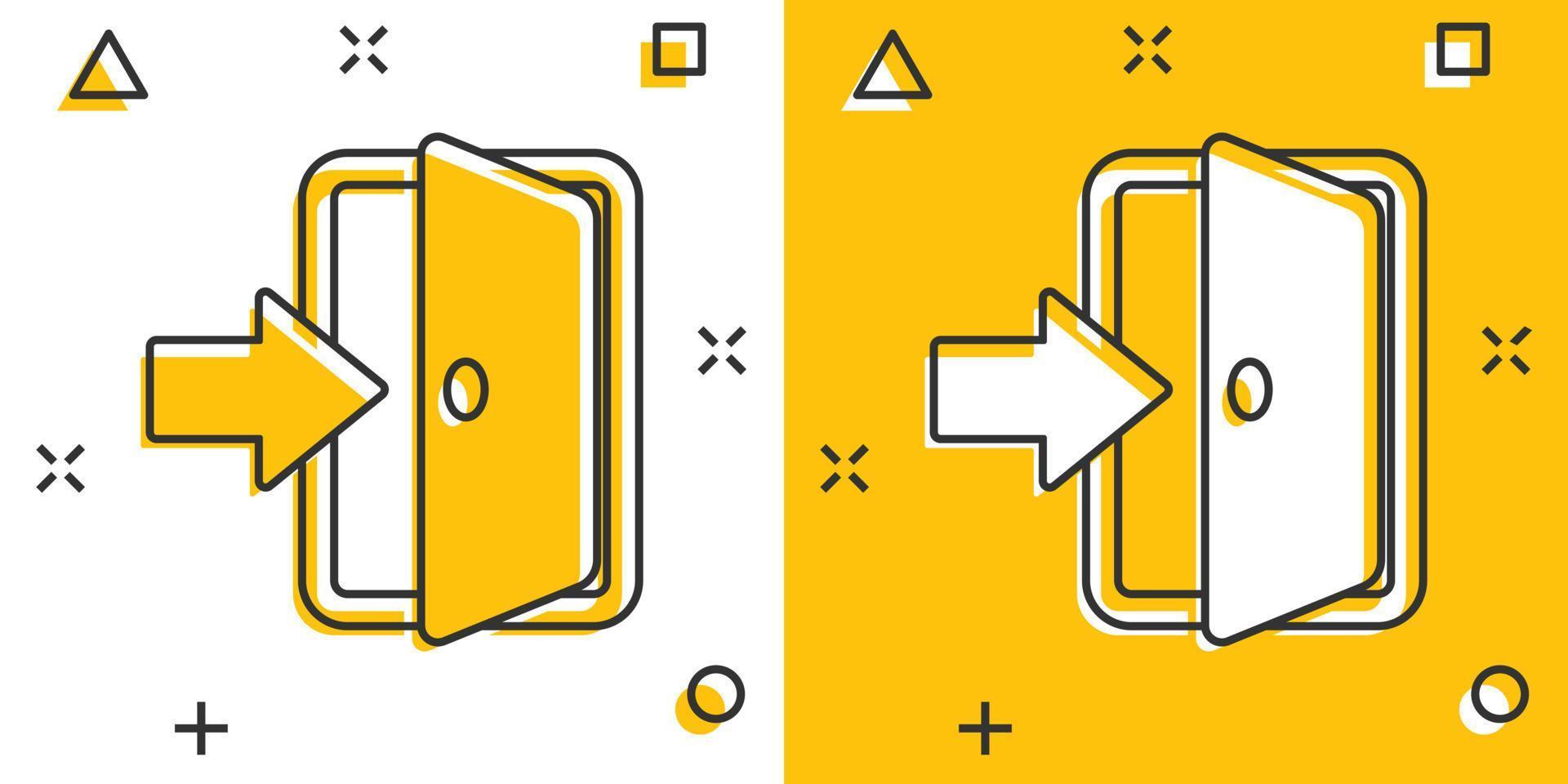 icône de porte d'entrée de dessin animé de vecteur dans le style comique. pictogramme d'illustration de concept de portes de sortie. concept d'effet d'éclaboussure d'entreprise d'entrée de porte.