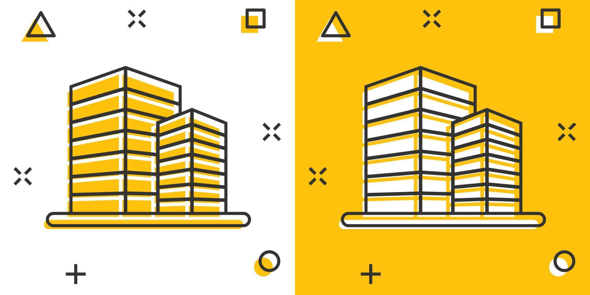 icône de bâtiment dans le style comique. ville gratte-ciel appartement dessin animé illustration vectorielle sur fond blanc isolé. concept d'entreprise d'effet d'éclaboussure de la tour de la ville. vecteur