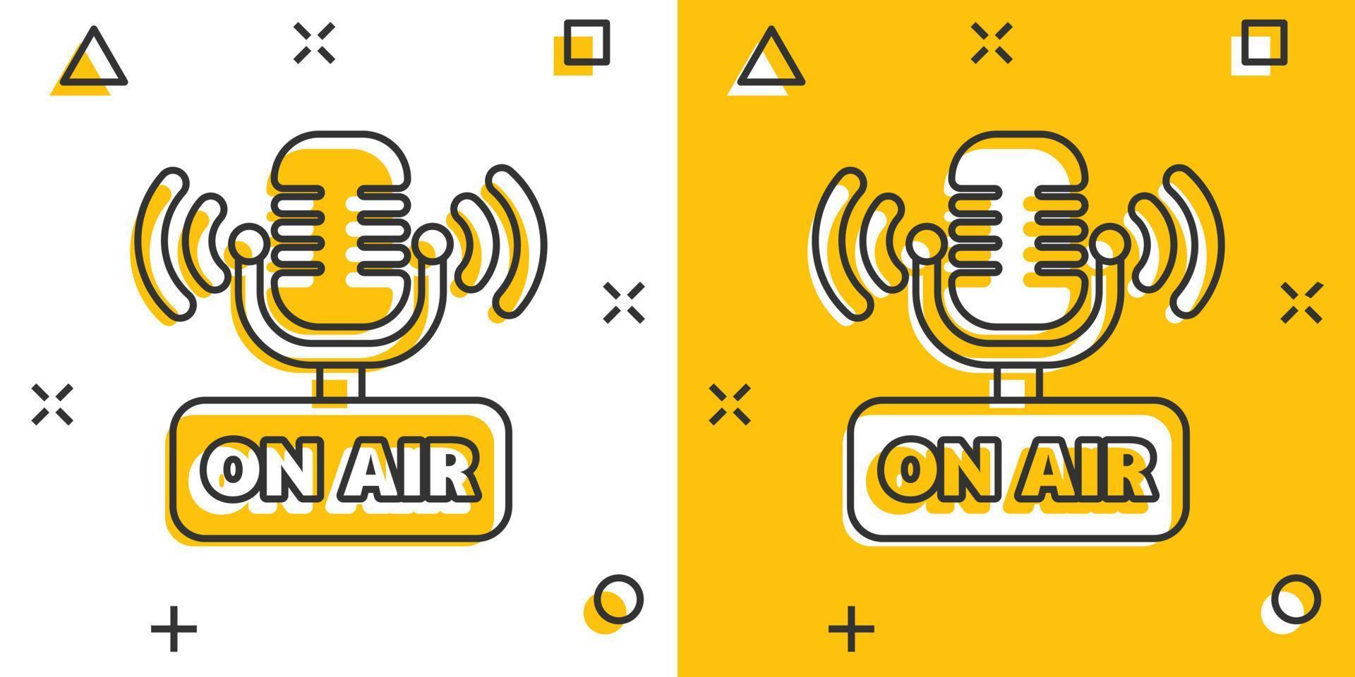 icône de microphone dans le style comique. illustration de dessin animé de vecteur de diffusion en direct sur fond blanc isolé. sur l'effet d'éclaboussure du concept d'entreprise aérienne.