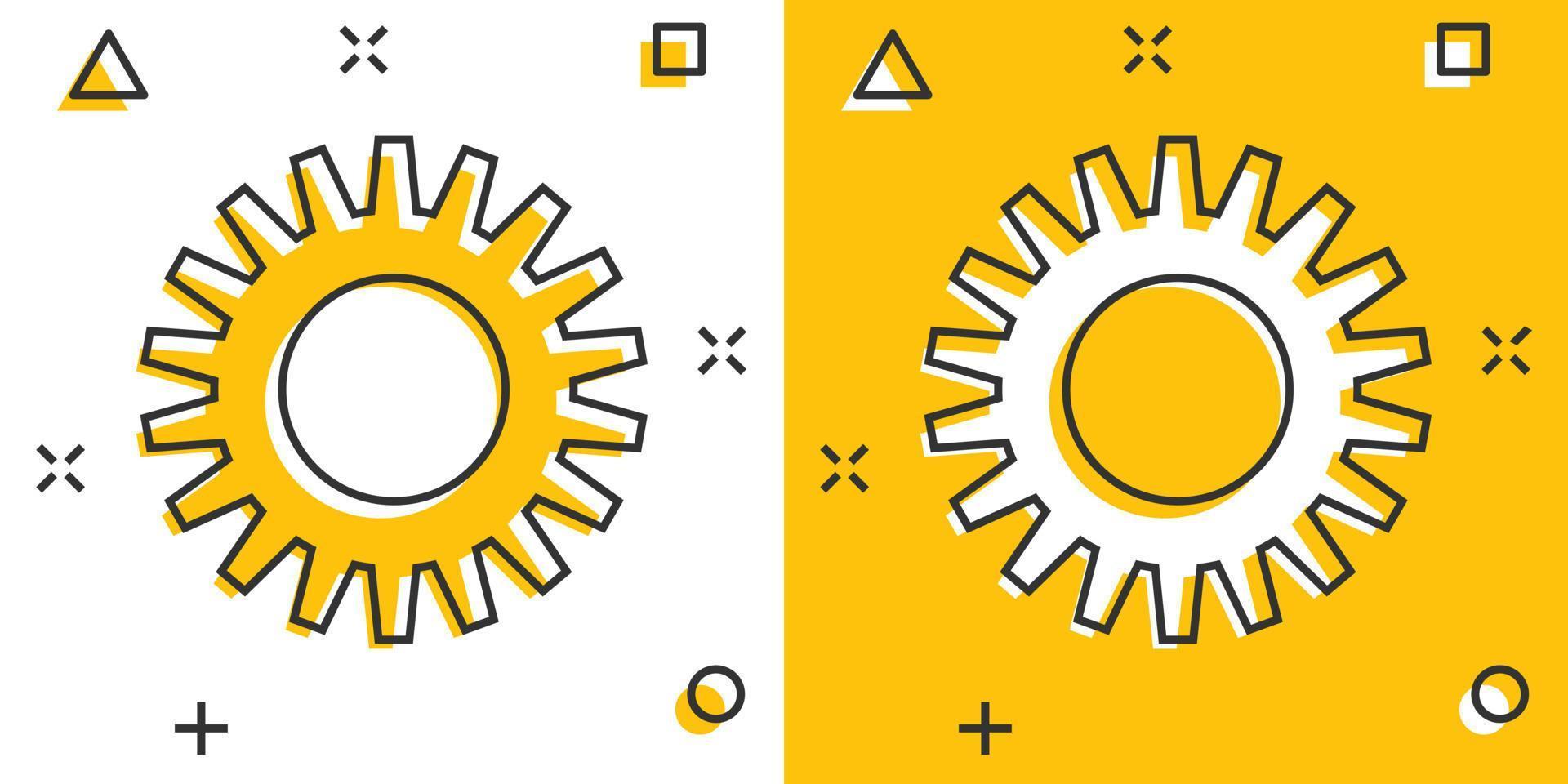 icône de vecteur d'engrenage dans le style comique. illustration de dessin animé de roue dentée sur fond blanc isolé. concept d'entreprise d'effet d'éclaboussure de roue dentée de roue dentée.